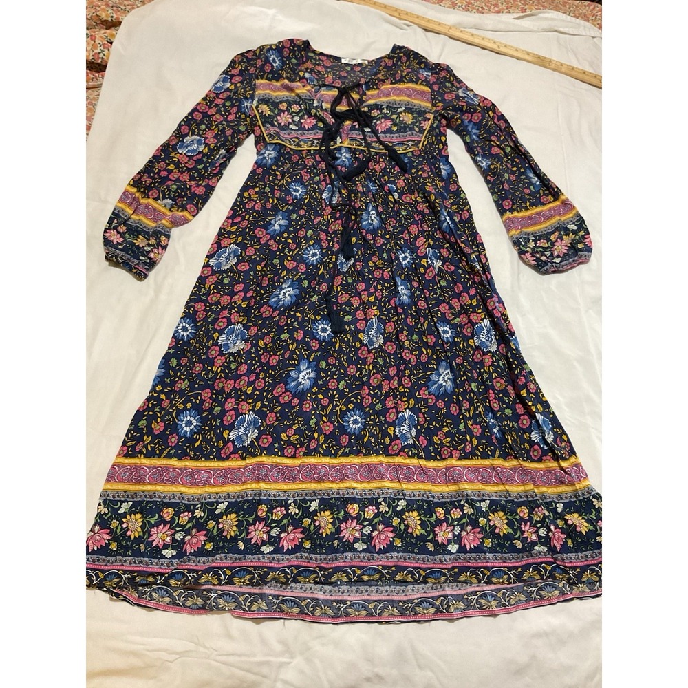 Floral Boho  Dress Womens XS Long Sleeve Midi Maxi Cottagecore Tassels - Picture 9 of 13
